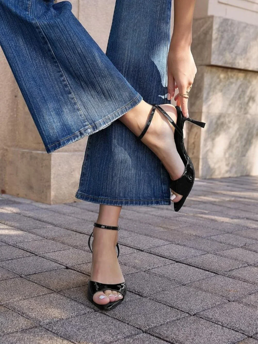 Women's Black Faux Leather Summer Pointed Open Toe Buckle Strap Heeled Sandals